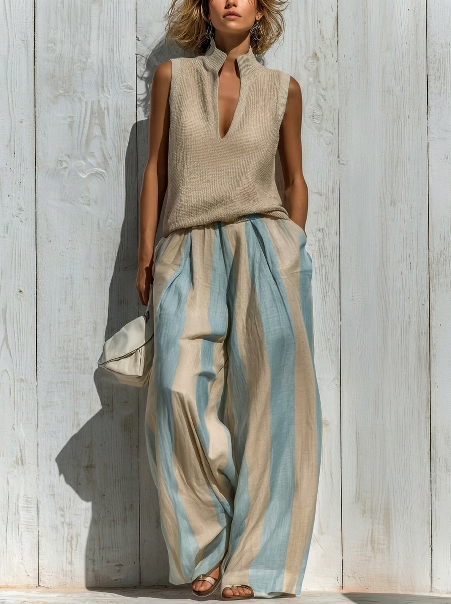 Sofía | Conjunto Elegante en Tejido Fluido: Top y Pantalón Palazzo a Rayas