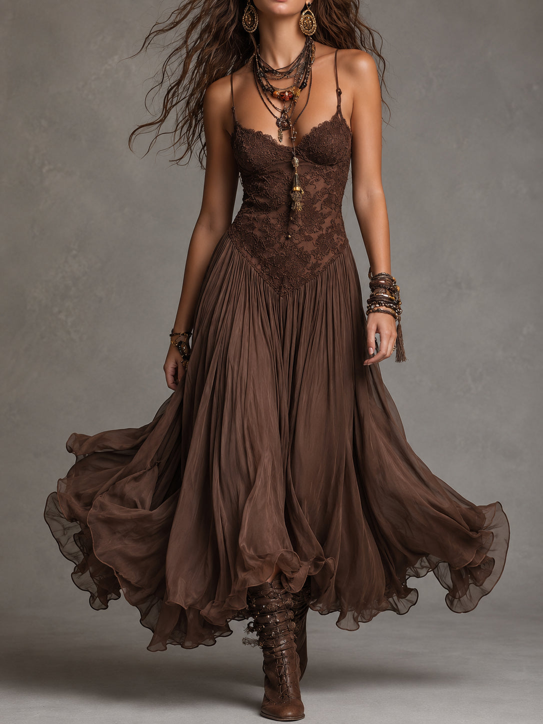 Federica | Vestido Maxi de Chifón y Encaje Marrón