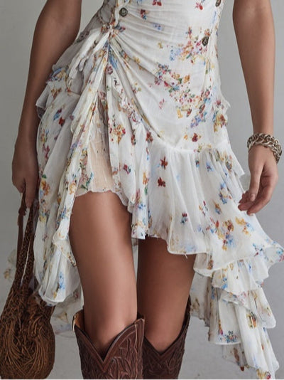 Suzette | Mini Robe Col en V, Bretelles Fines, Motif Floral Rétro