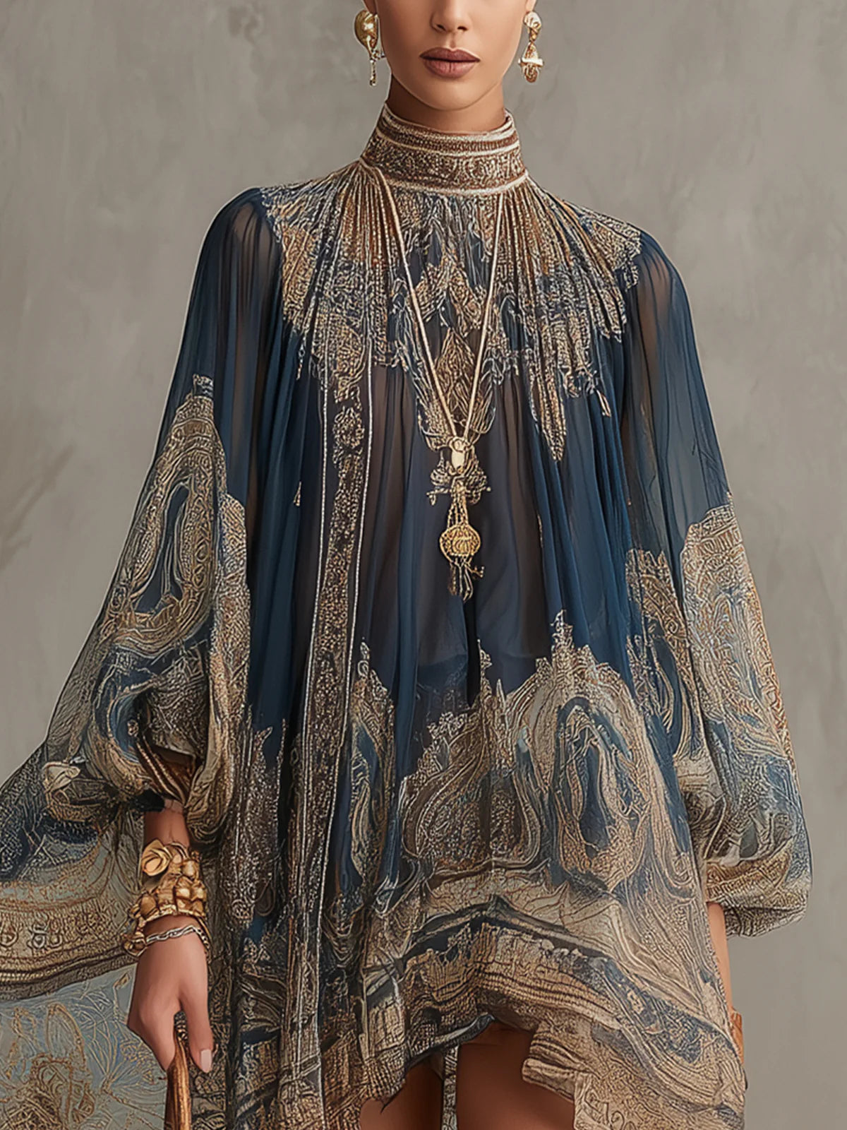Bérénice | Mini Robe Irrégulière Imprimé Baroque Bleu Marine, Col Haut
