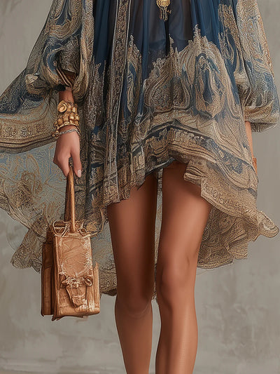 Bérénice | Mini Robe Irrégulière Imprimé Baroque Bleu Marine, Col Haut