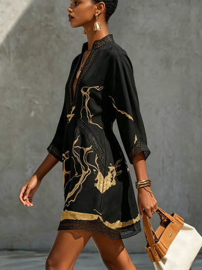 Donatella - Minivestido negro con estampado de mármol dorado