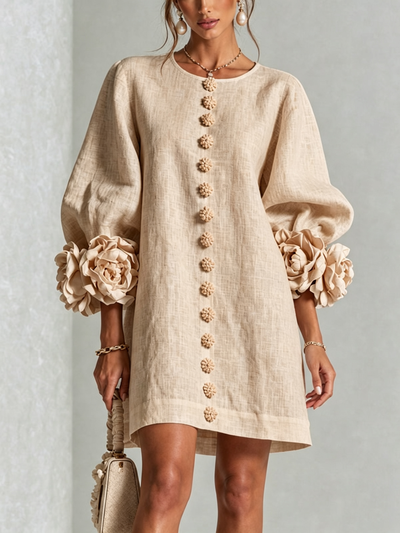 Ambra | Abito Mini in Misto Lino con Polsini a Rosa, Beige