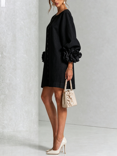 Cecilia | Vestido Mini de Mezcla de Lino con Puños Anudados en Flor