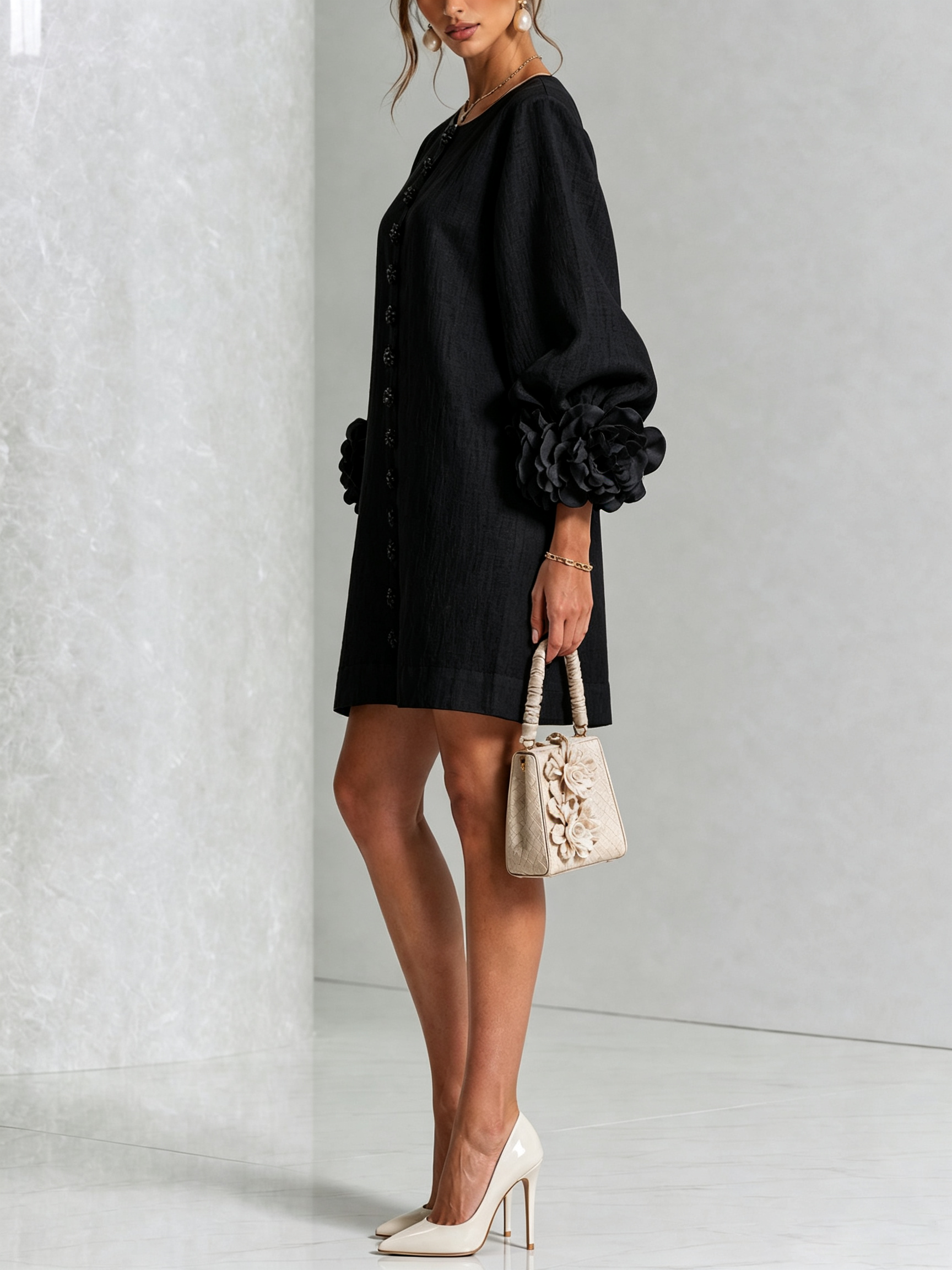 Cecilia | Vestido Mini de Mezcla de Lino con Puños Anudados en Flor, Negro