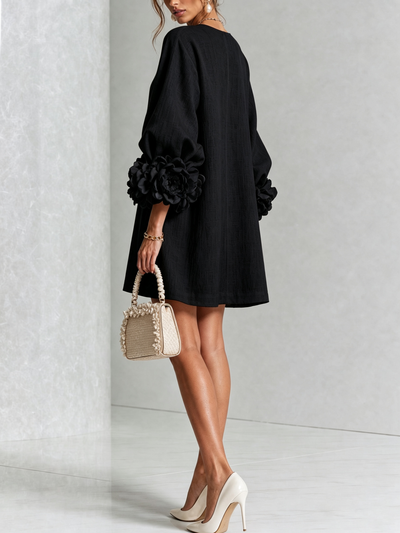 Cecilia | Vestido Mini de Mezcla de Lino con Puños Anudados en Flor, Negro