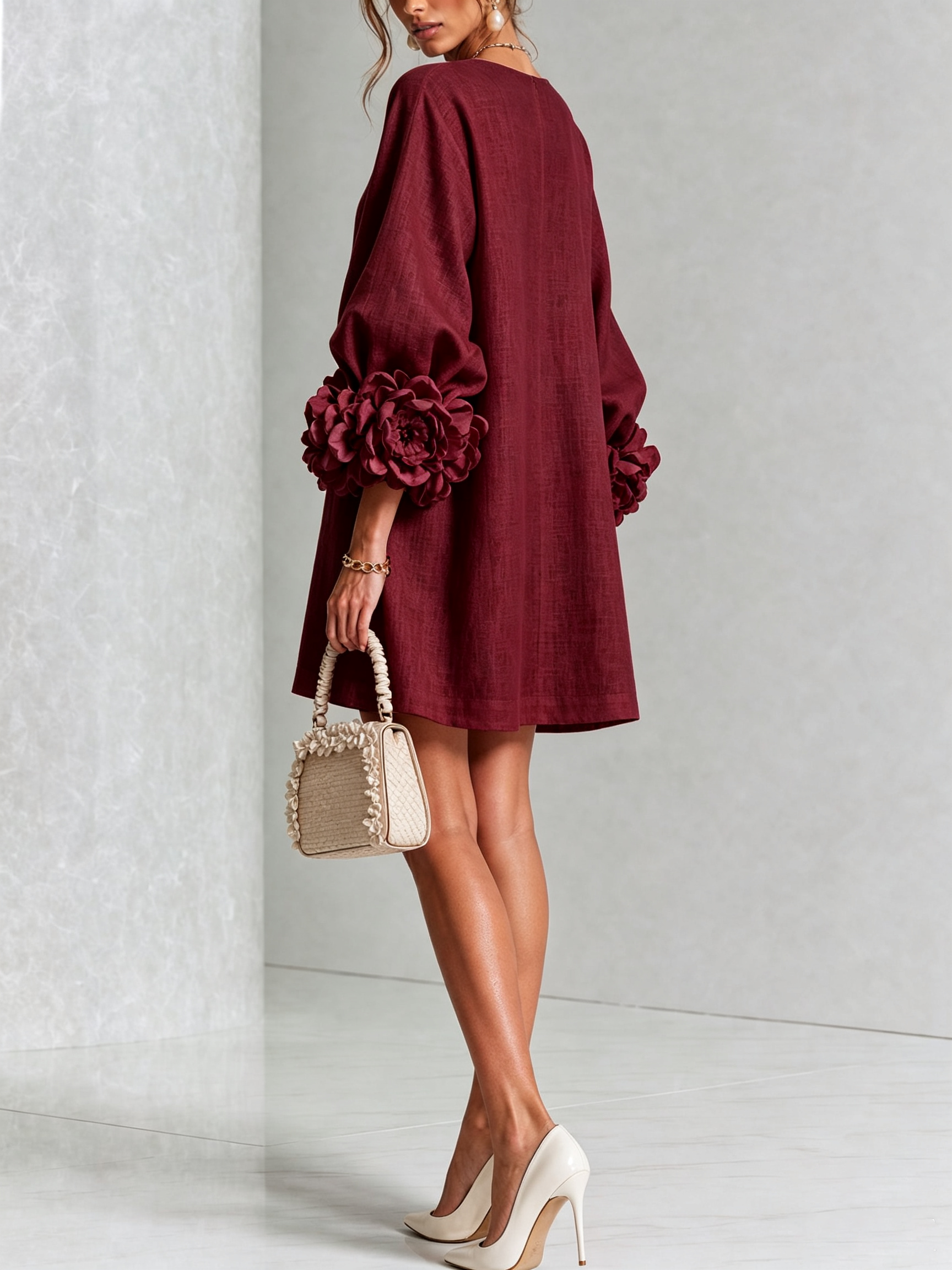 Cecilia | Vestido Mini de Mezcla de Lino con Puños Anudados en Flor