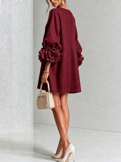 Cecilia | Vestido Mini de Mezcla de Lino con Puños Anudados en Flor