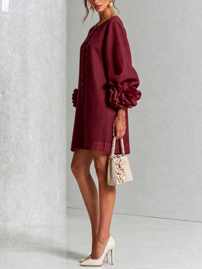 Ilaria | Abito Mini in Misto Lino con Polsini a Rosa, Bordeaux