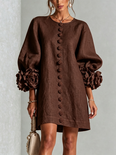 Bruna | Abito Mini in Misto Lino con Polsini a Rosa, Marrone Cioccolato