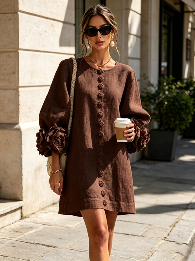 Bruna | Abito Mini in Misto Lino con Polsini a Rosa, Marrone Cioccolato