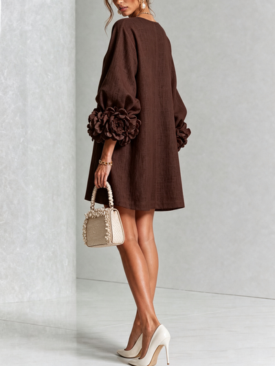 Bruna | Abito Mini in Misto Lino con Polsini a Rosa, Marrone Cioccolato