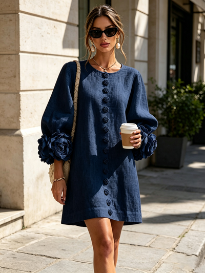 Marina | Abito Mini in Misto Lino con Polsini a Rosa, Blu Navy