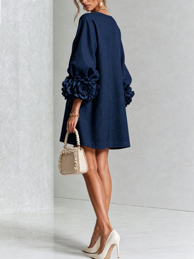 Marina | Abito Mini in Misto Lino con Polsini a Rosa, Blu Navy