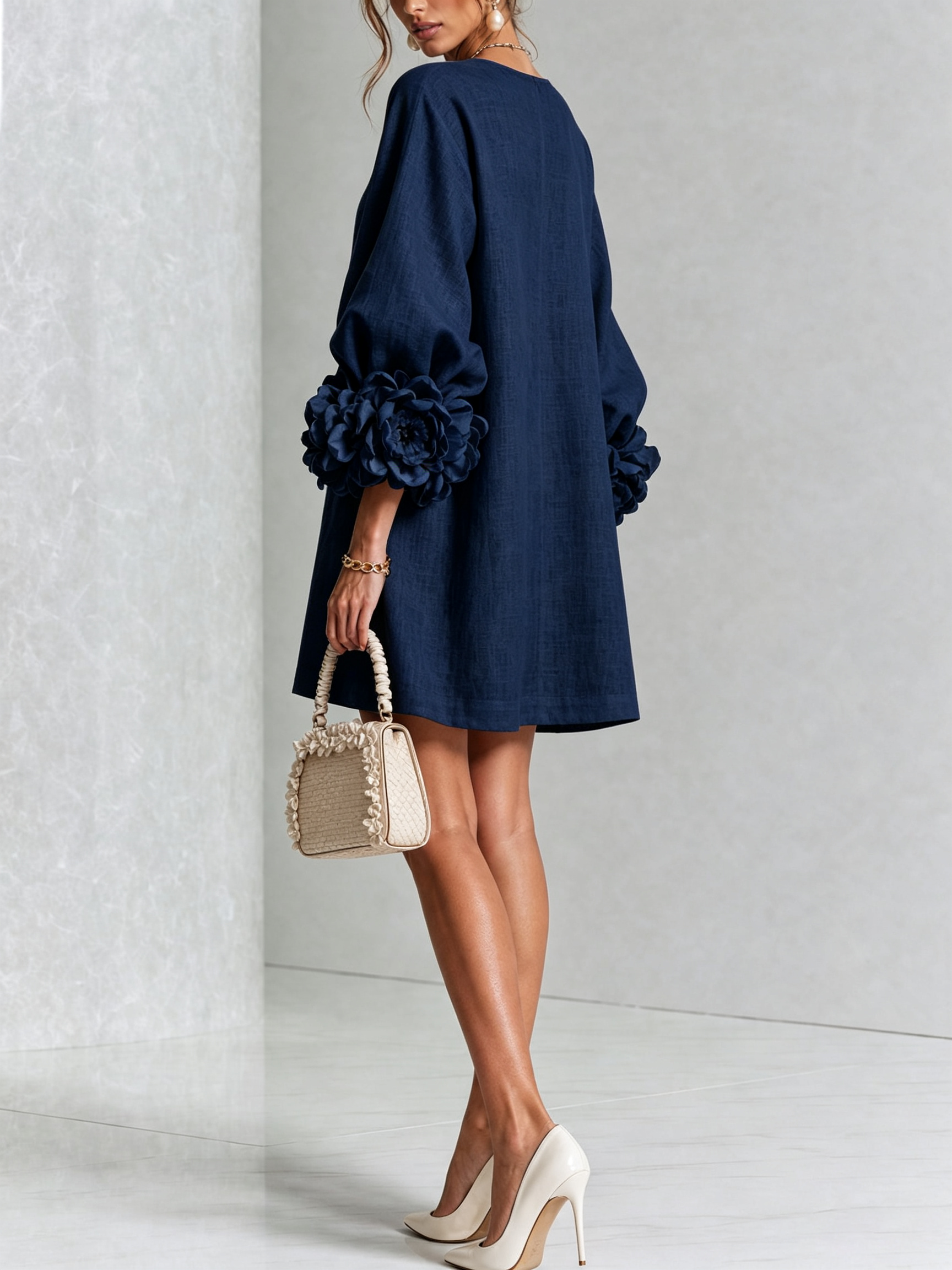 Cecilia | Vestido Mini de Mezcla de Lino con Puños Anudados en Flor