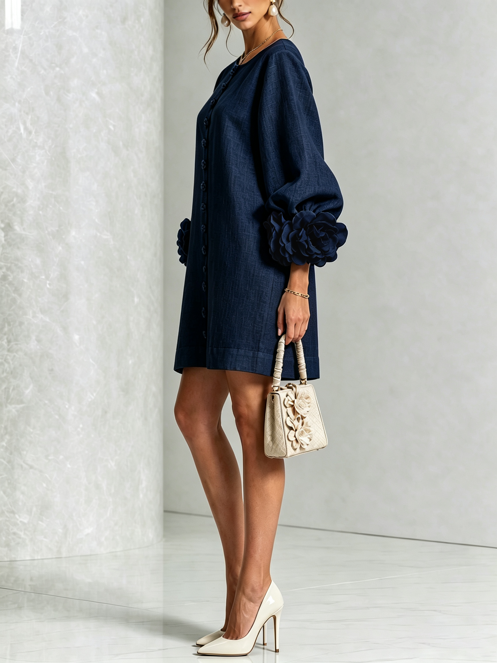 Marina | Abito Mini in Misto Lino con Polsini a Rosa, Blu Navy