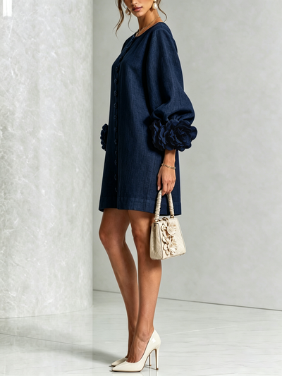 Marina | Abito Mini in Misto Lino con Polsini a Rosa, Blu Navy