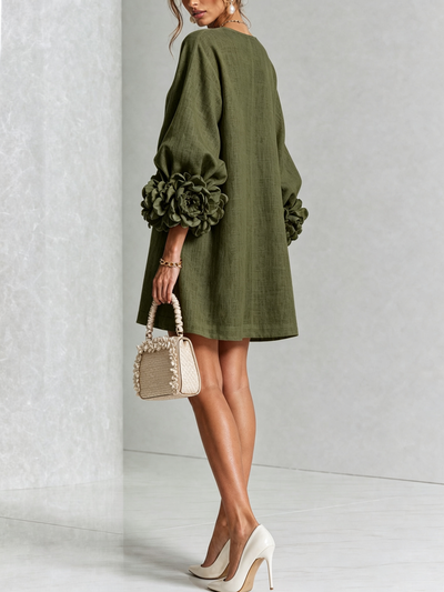 Cecilia | Vestido Mini de Mezcla de Lino con Puños Anudados en Flor