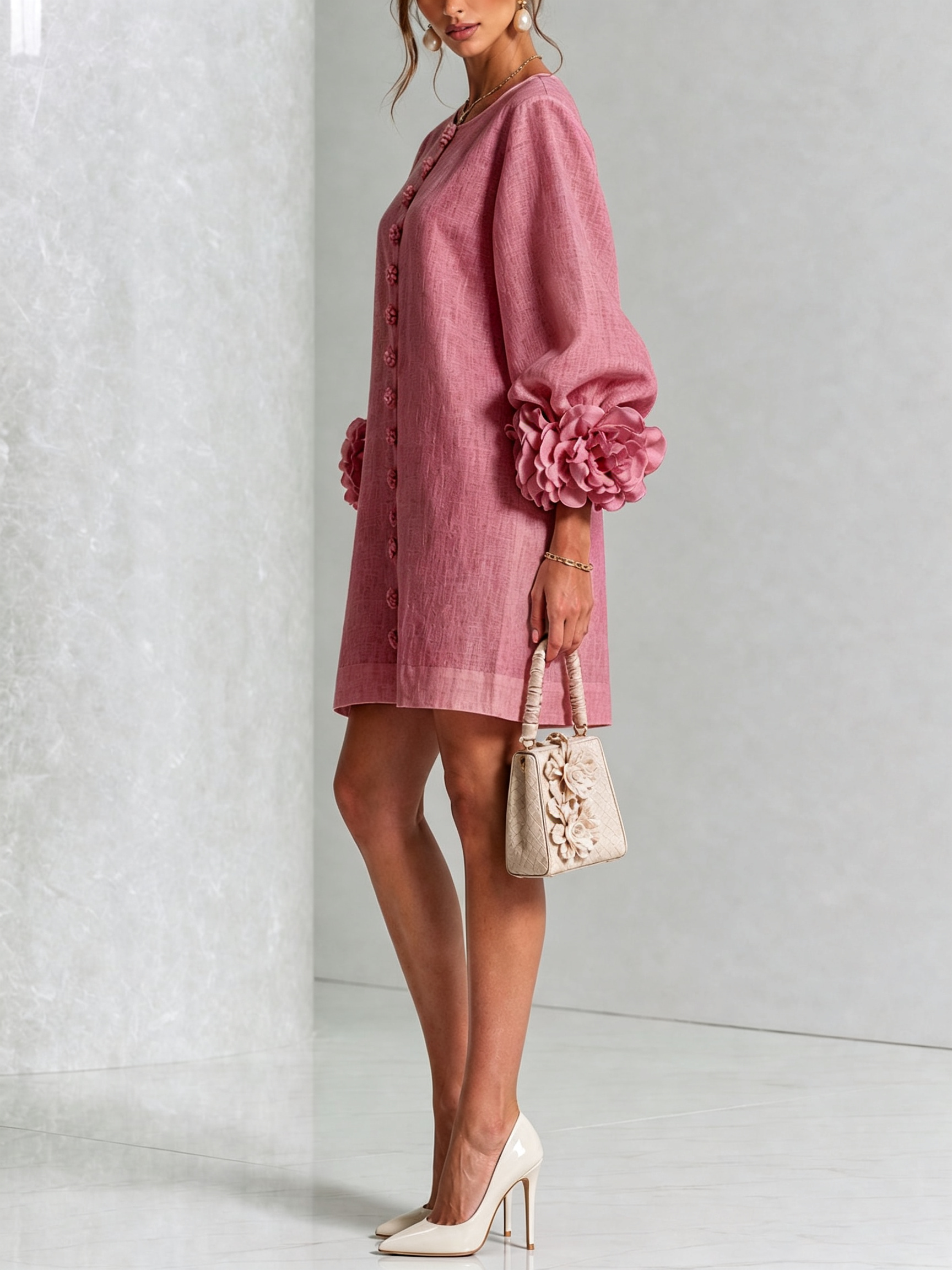 Alba | Abito Mini in Misto Lino con Polsini a Rosa, Rosa Antico