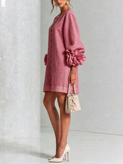 Alba | Abito Mini in Misto Lino con Polsini a Rosa, Rosa Antico