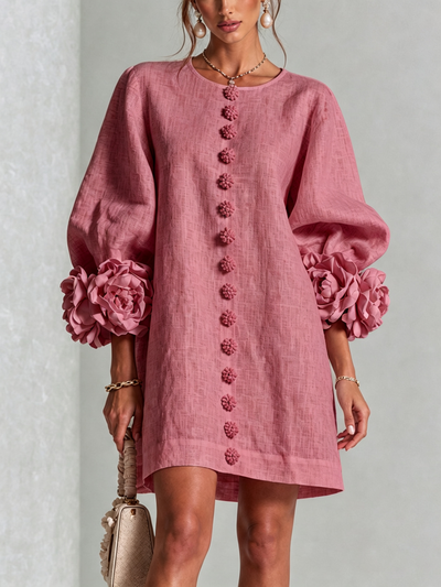 Alba | Abito Mini in Misto Lino con Polsini a Rosa, Rosa Antico