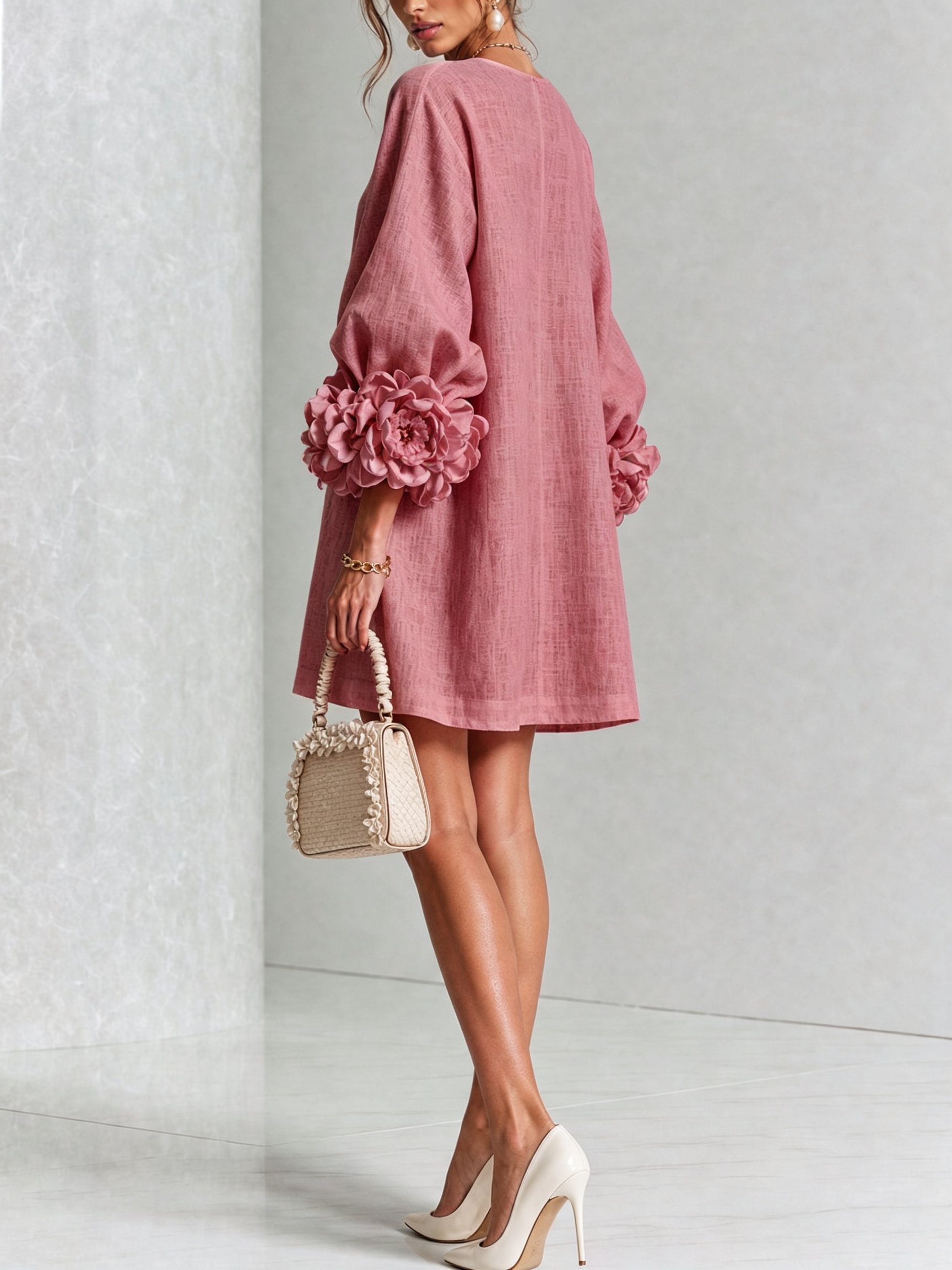 Cecilia | Vestido Mini de Mezcla de Lino con Puños Anudados en Flor