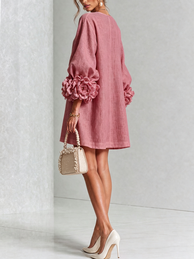 Cecilia | Vestido Mini de Mezcla de Lino con Puños Anudados en Flor