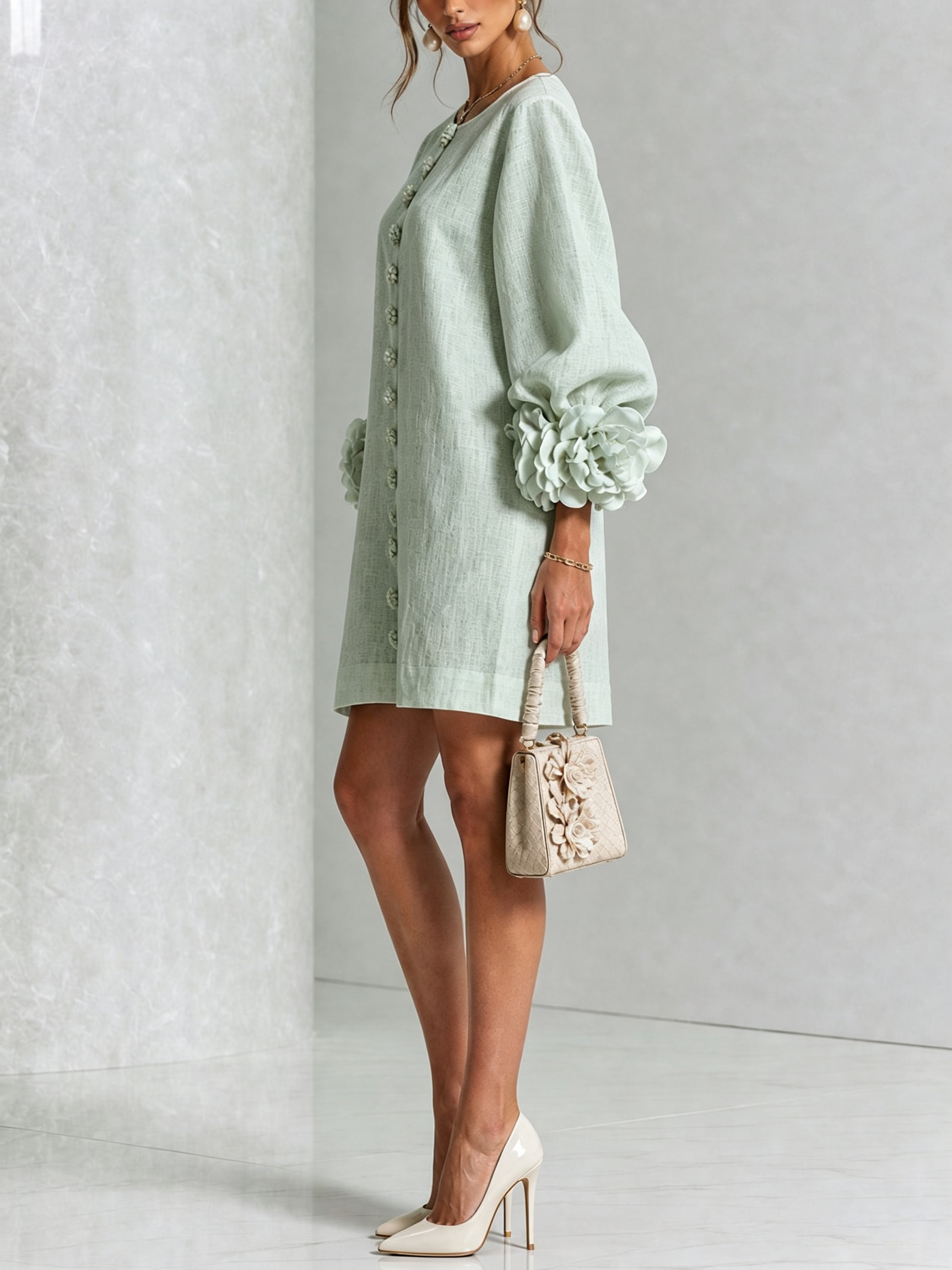 Delia | Abito Mini in Misto Lino con Polsini a Rosa, Verde Salvia