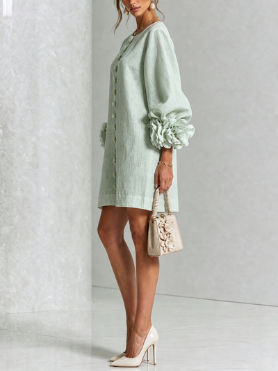 Delia | Abito Mini in Misto Lino con Polsini a Rosa, Verde Salvia