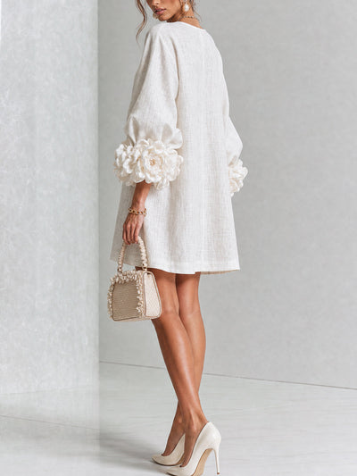 Cecilia | Vestido Mini de Mezcla de Lino con Puños Anudados en Flor