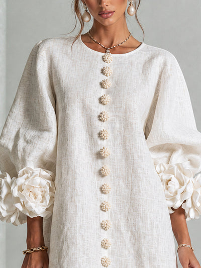 Chiara | Abito Mini in Misto Lino con Polsini a Rosa, Bianco