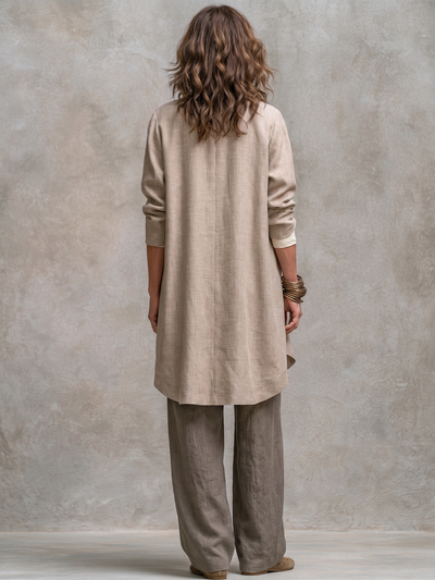 Conjunto Elegante de Tres Piezas Beige Gris con Pantalones de Pierna Ancha