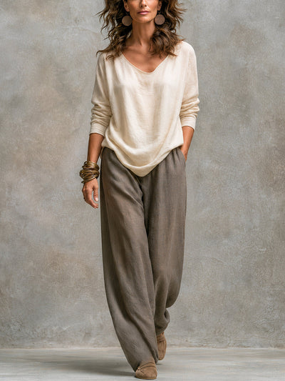 Conjunto Elegante de Tres Piezas Beige Gris con Pantalones de Pierna Ancha