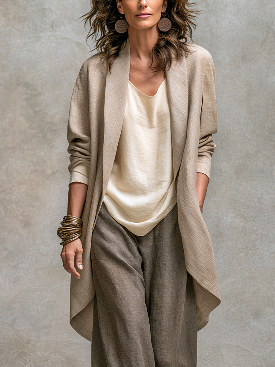 Conjunto Elegante de Tres Piezas Beige Gris con Pantalones de Pierna Ancha