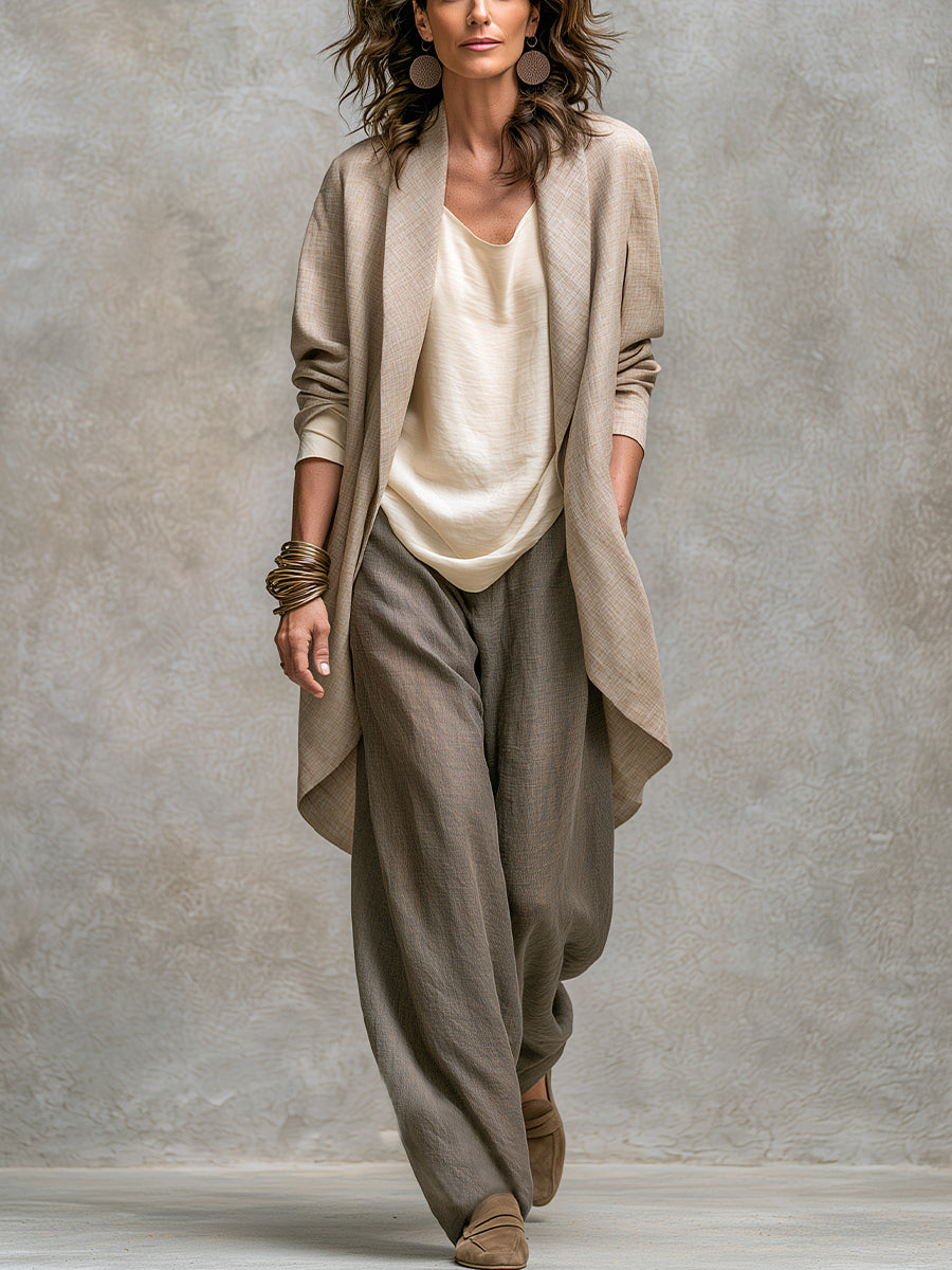 Conjunto Elegante de Tres Piezas Beige Gris con Pantalones de Pierna Ancha