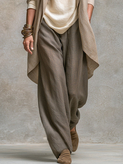 Conjunto Elegante de Tres Piezas Beige Gris con Pantalones de Pierna Ancha