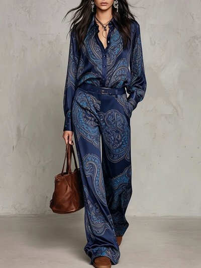 Gloria | Camisa de Seda de Manga Larga con Estampado Paisley Burdeos y Pantalones de Pierna Ancha