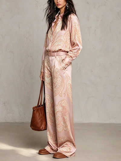 Gloria | Camisa de Seda de Manga Larga con Estampado Paisley Burdeos y Pantalones de Pierna Ancha