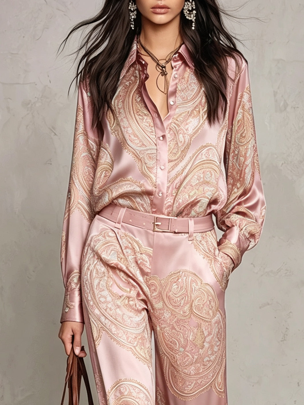 Set de Camisa de Manga Larga en Satén con Estampado Paisley Rosa y Pantalones de Pierna Ancha (con cinturón)