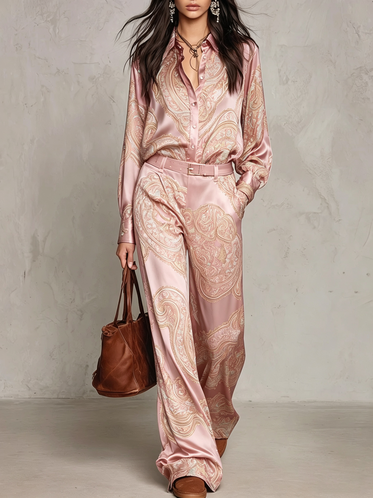 Gloria | Camisa de Seda de Manga Larga con Estampado Paisley Burdeos y Pantalones de Pierna Ancha