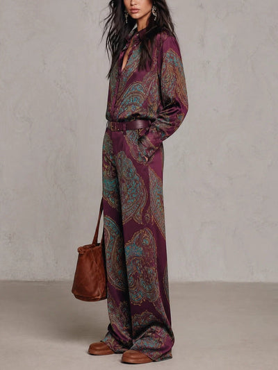 Gloria | Camisa de Seda de Manga Larga con Estampado Paisley Burdeos y Pantalones de Pierna Ancha