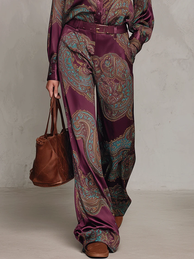 Gloria | Camisa de Seda de Manga Larga con Estampado Paisley Burdeos y Pantalones de Pierna Ancha