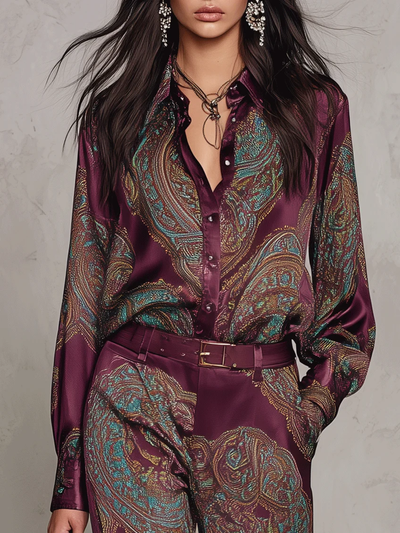 Gloria | Camisa de Seda de Manga Larga con Estampado Paisley Burdeos y Pantalones de Pierna Ancha