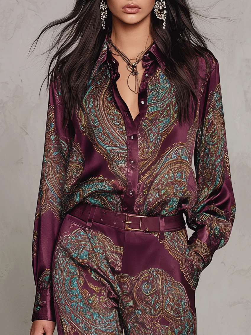 Gloria | Camisa de Seda de Manga Larga con Estampado Paisley Burdeos y Pantalones de Pierna Ancha