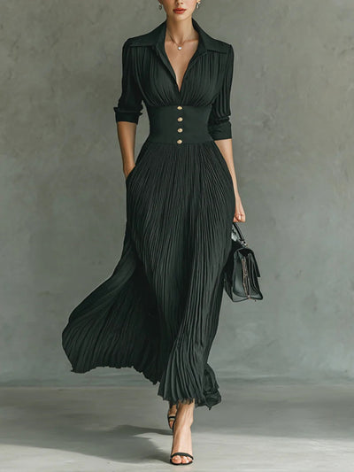 Elvire | Vestido Largo Plisado con Solapa y Talle Alto