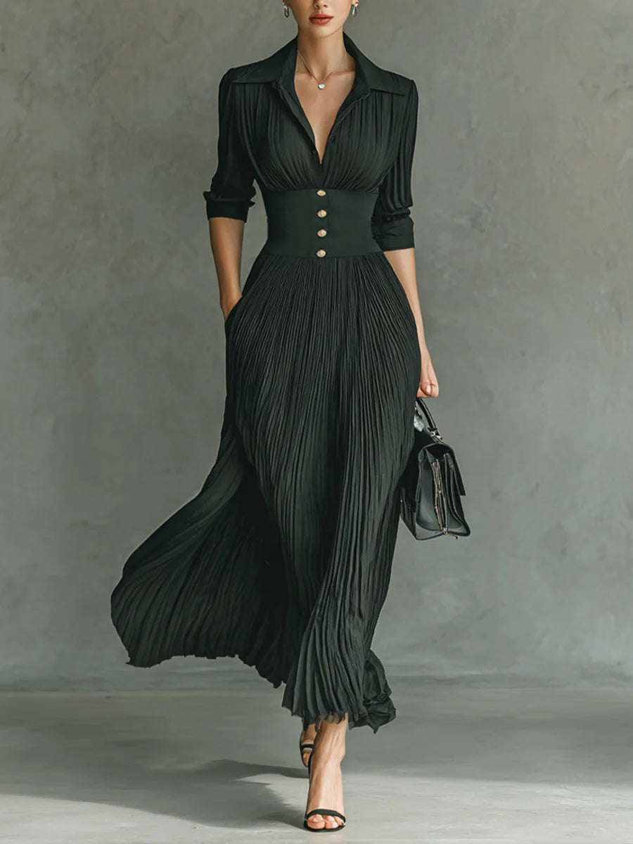 Elvire | Vestido Largo Plisado con Solapa y Talle Alto