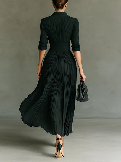 Elvire | Vestido Largo Plisado con Solapa y Talle Alto