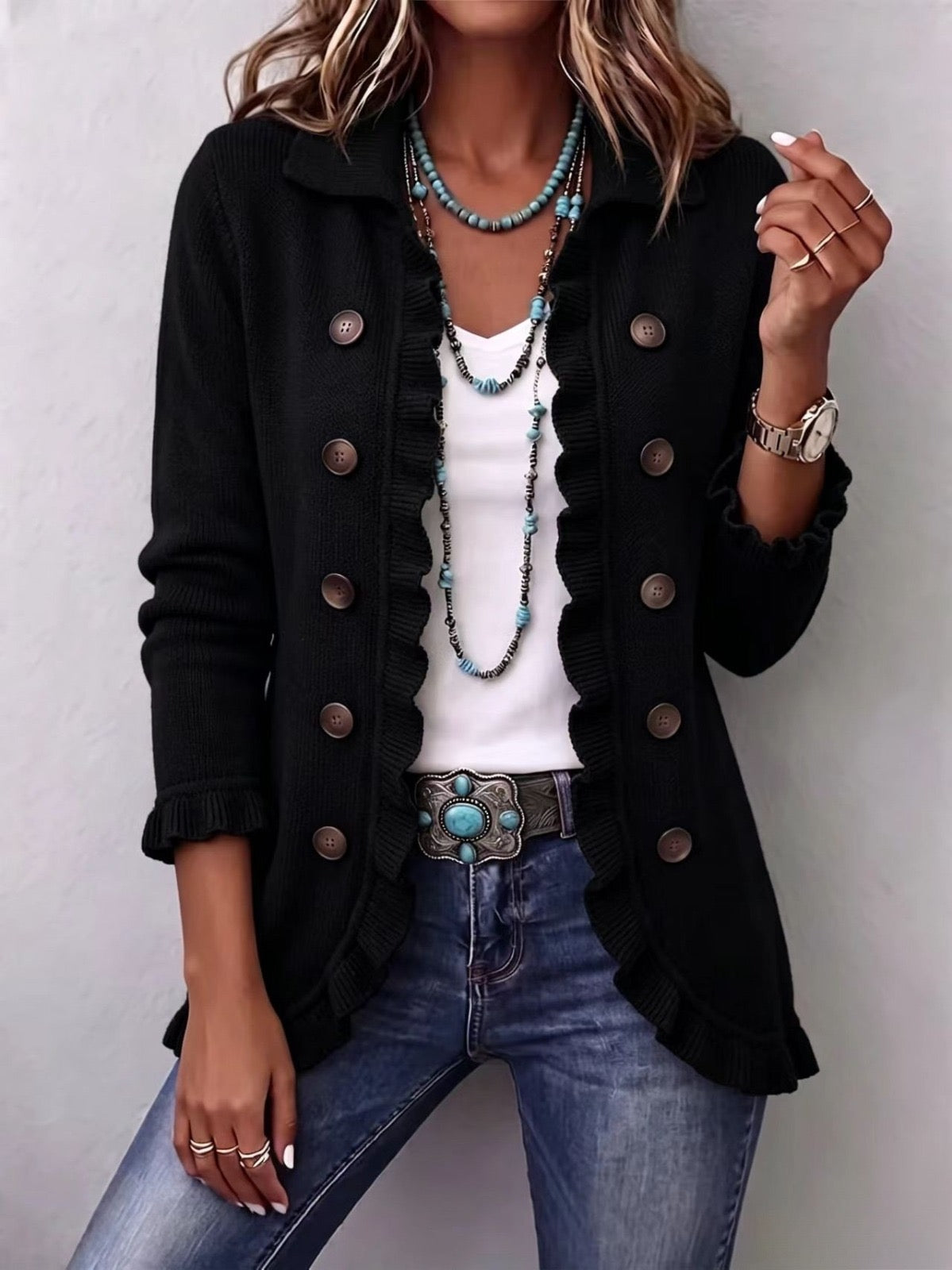 Zaira | Chaqueta de Punto Canalé Negro Intenso con Volantes