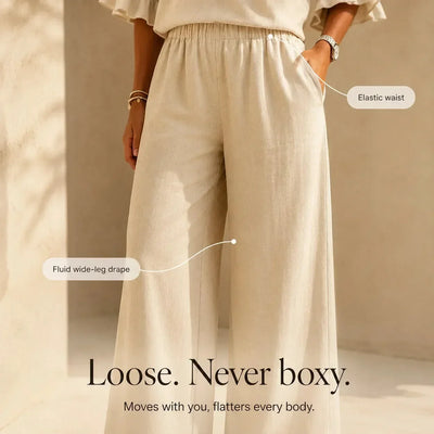 Louna | Conjunto Efecto Lino con Mangas de Volante y Pantalones Anchos