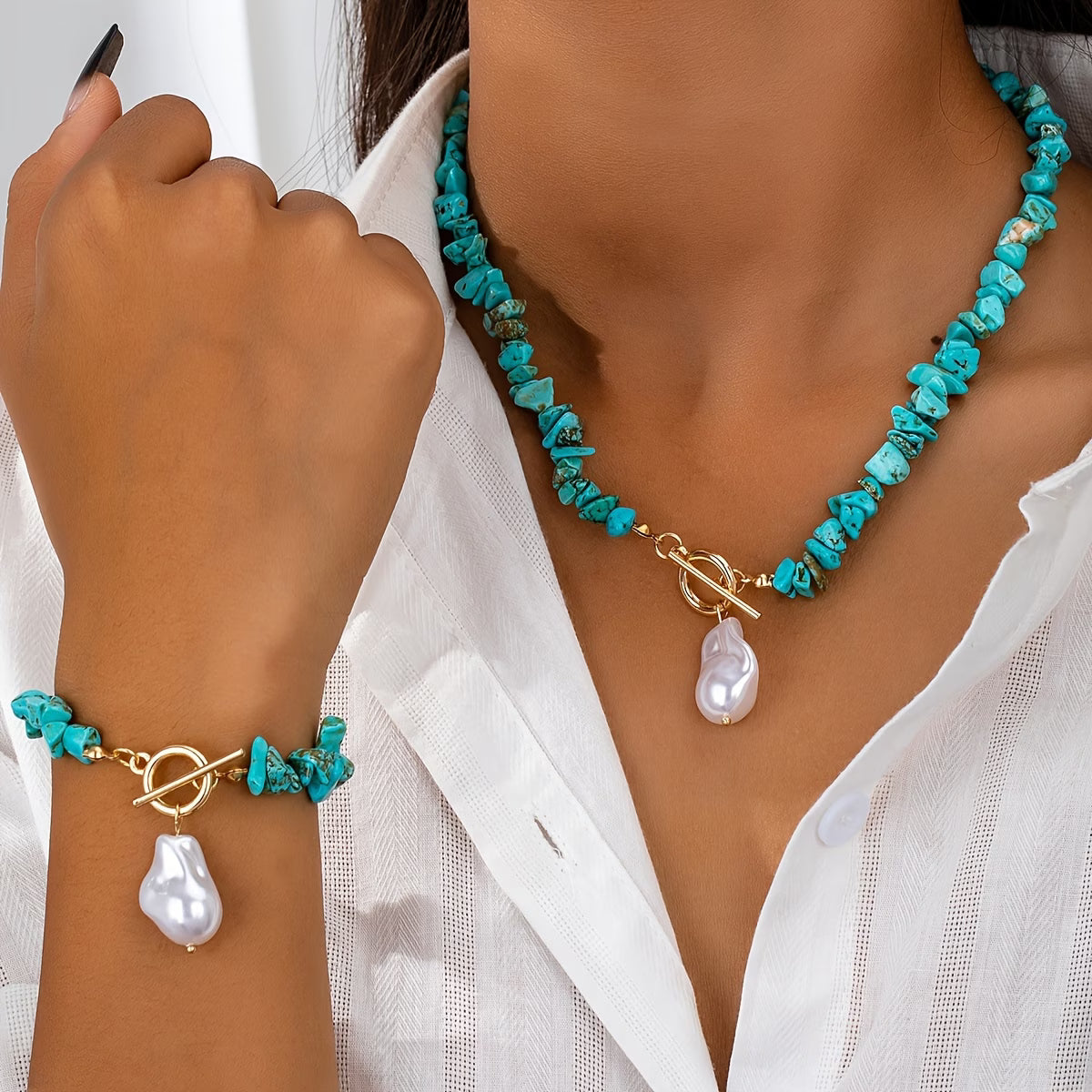 Set Collar y Pulsera Turquesa y Perla